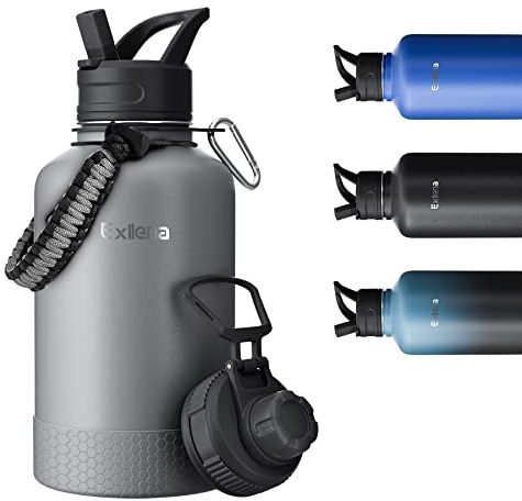 Exllena 2 Liter Edelstahl Wasserflasche, doppelt isolierte Wasserflaschen mit zwei Deckeln und schützendem Silikonstiefel, Paracord-Griff, praktisch zu tragen, Grau
