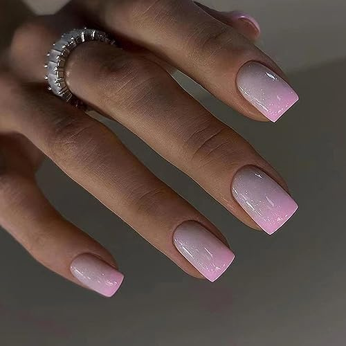 24 Stück Press on Nails Kurz, Rosa Gradient Eckig French Künstliche Nägel, Acryl Full Cover Nägel Zum Aufkleben mit Nagelkleber Aufkleber, Fingernägel Kunstnägel Fake Nails für Frauen & Mädchen