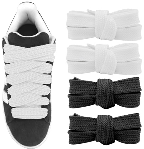UamGlsob 2 Pares de Cordones de 20mm de Ancho para Zapatillas Adidas Campus 00s, Cordones Planos Gruesos, Jumbo Shoe Laces (Black+White, 54''/140cm)
