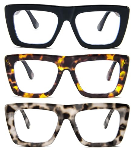 MMOWW 3 Pack Oversized Reading Glasses Square Frame for Women Men | Blue Light Blocking, Computer Readers, Spring Hinges