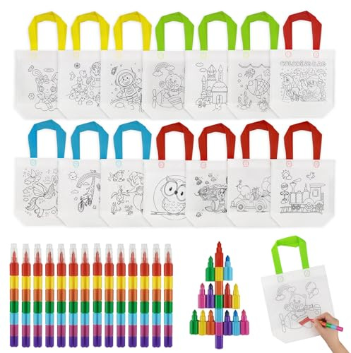 Cragmut 28 Stück Stoffbeutel Zum Bemalen Anzug, 14 Stück Taschen Zum Bemalen für Kinder und 14 Stück Stapelbare Wachsmalstifte(7 Farben in 1), für DIY, Kindergeburtstag, Gastgeschenke