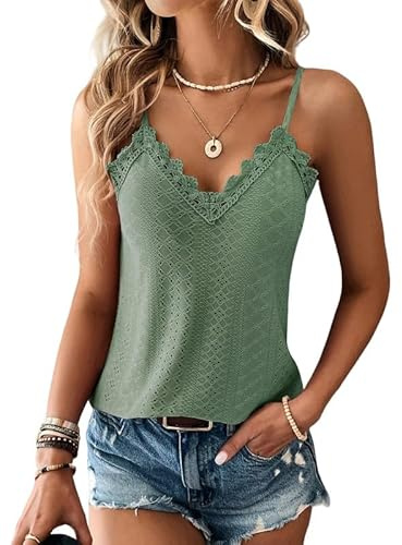 Haibang Canotta Donna Estive Top Spaghetti Strap Senza Maniche Elegante Canottiera Loose Fit Gilet Solido Sottogiacca in Pizzo Casual Camicette Maglietta Blusa in Tessuto con Occhielli