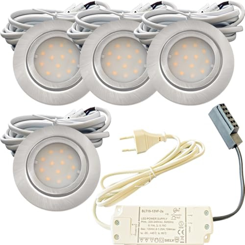4x IP44 LED Einbauspots 12V, flach, 2,4W, 200lm, Edelstahl gebürstet, inkl. LED-Trafo, 230V Zuleitung mit Stecker, AMP Verteiler, Neutralweiß 4000K, Lochdurchmesser 54-60mm, Plug and Play.