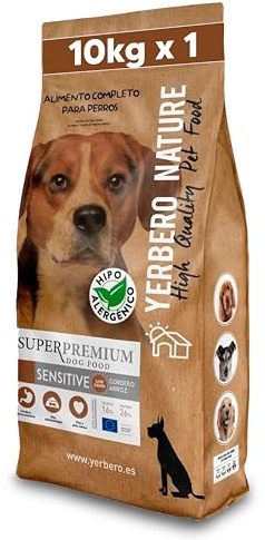 Yerbero Nature Sensitive, Pienso Hipoalergénico para Perros Adultos, Alimento de Cordero, Low Grain, con Arroz, Omega 3, Sin Gluten, 10kg