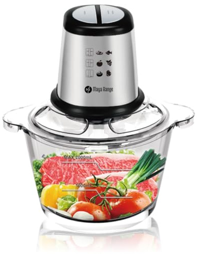 Maya Range Food Processor 2 Speeds Vegetable Chopper, Meat Grinder, 2L Glass Bowl, Stainless Steel Body, Dishwasher safe parts, Powerful Stainless Steel 4 bi-Level Blades for Meat Vegetable Fruit 350W