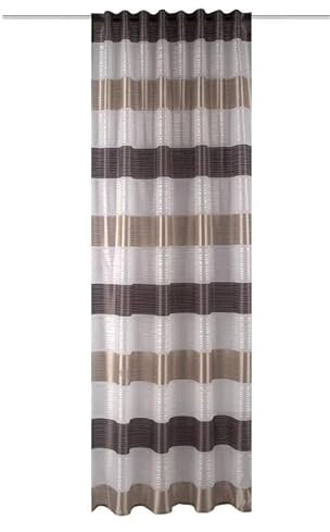 BB-Toy-Trades Cortina confeccionada con cinta fruncida, a rayas, 1 unidad, blanco, marrón, beige, semitransparente, ancho x alto: 140 x 145 cm