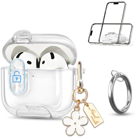 Newseego Clear Case Compatible with AirPods 4th Generation with Secure Lock & Phone Stand, Transparent TPU Full Body Shockproof Cover with Cute Flower Keychain & Carabiner for AirPods 4 Gen 2024-White