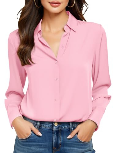 COUXILY Weiche, bügelfreie und knitterfreie Damenhemden mit Knopfleiste aus Maulbeerseide, langärmelige Bluse, lässige Arbeitsoberteile, S02 Solid Pink, Klein