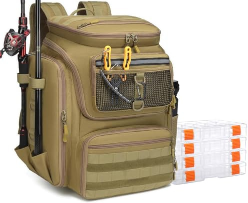 BlesMaller Angelrucksack mit Rutenhaltern & Kühlfach 45L große Angeltasche | 900D Nylon wasserabweisend Angelausrüstung Rucksack für Spinnfischen Wandern Camping