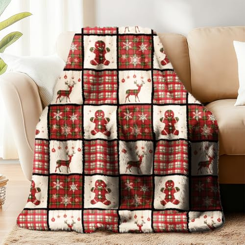 WADORN Couverture de Noël de Bonhomme en Pain D'Épices et D'Élan Couverture Douillette en Flanelle Douce et Moelleuse à Carreaux de Buffle Rouge Noir pour Maison Chambre Chaise Noël l'hiver 130x150cm