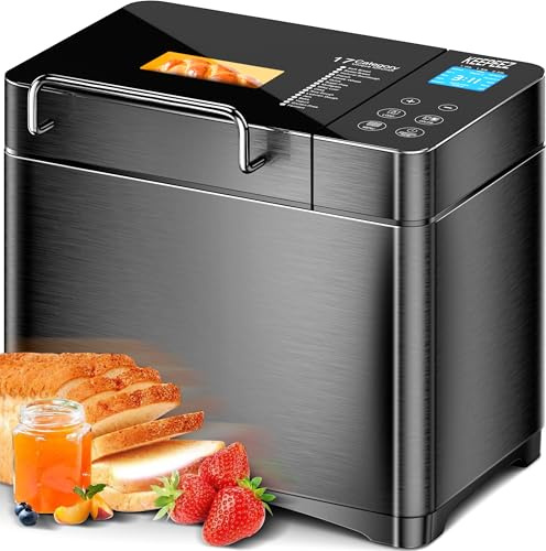 KEEPEEZ 710W Konvektion Brotbackautomat mit Doppelten Heizrohren, Keramikform, Zutatenfach, Touchscreen, Edelstahl Brotbackmaten 1kg, 17 Programme, glutenfrei, sauerteig, rezeptbuch, Zeitvorwahl