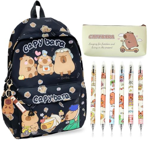 Cute Capybara 9-in-1 Backpack Set | Friendly School Bag | Pencil Case & Pens, Large-Capacity Student Rucksack, Perfect Kawaii Gift for Girls & Boys