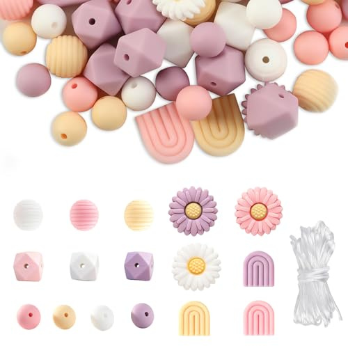 Gänseblümchen Silikonperlen Bulk - Blumenförmige Bastelperlen in 4 Farben mit Nylonschnur für DIY Schmuck, Schlüsselanhänger und Armbänder Stifte Handwerk Halskette