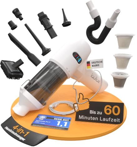 lautux Turbotastic Pro 2 Handstaubsauger – 120W, 18.000Pa, bis 60 Min Laufzeit, HEPA-Filter, LED-Display, 4-in-1 Düsen (Auto, Tierhaare, Polster, Aufpumpen, Vakuumieren) (Perlweiß, Premium Set)