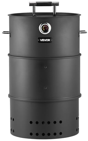 VEVOR Räucherofen, 470 mm, Holzkohlegrill, Räuchergrill, BBQ-Smoker, beschichteter Stahl-Grilltonne mit 2 Grillrosten, 1 Aufhängestange, 6 Haken & Thermometer, ideal für Partys, Garten & Terrasse