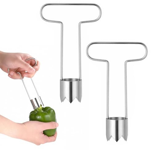 QFGasre 2pcs Red Bell Pepper Seed Corer Upgraded T Shaped Corer Tool 304 Stainless Steel Multifunctional Fruit and Vegetable Core Remover Kitchen Gadgets for Pepper Pineapple Pear
