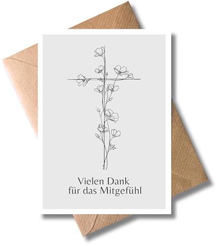 WBdesignz 10er-Set Beileidskarten „Vielen Dank für das Mitgefühl“ mit Umschlägen - Christliche Kondolenzkarten mit Kreuz & Blütenmotiv - Trauerkarten für Beileid, Anteilnahme, Verlust, Trost (DIN A6)