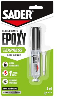 SADER - Colle Epoxy bi-composant Express - Colle forte et résistante - Prise en 1 Minute - Tous Matériaux - Transparent - Seringue 4ml