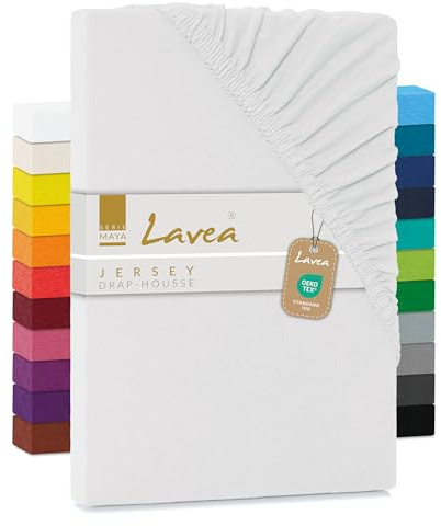 Lavea® Jersey Spannbettlaken, Spannbetttuch, Serie Maya, 100% Baumwolle, hochwertige Verarbeitung, mit Gummizug und OekoTex101-200x220 cm, Weiß