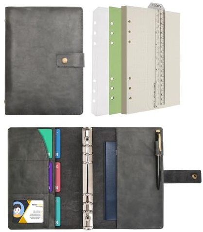 Wonderpool Leder Nachfüllbares Notizbuch Ringbuch A5 Tagebuch - Gepunktetes Papier & Echtleder Innentaschen für Reisearbeit und Organizer (Grau, A5)