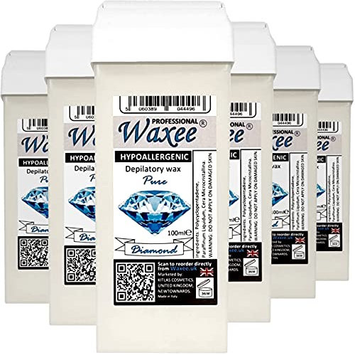 HYPOALLERGENIC 100ml roll on wax, roller wax PURE DIAMOND. Wax cartridge for sensitive & delicate skin, PREMIUM WAX from Waxee! (6 x 100ml roll-on wax cartridge)