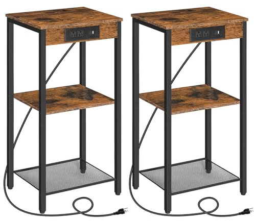 HOOBRO Tall End Tables with Charging Station, Set of 2, 30 Inch Tall Nightstands, 3-Tier Side Tables with Adjustable Storage Shelves, for Living Room, Bedroom, Hallway, Rustic Brown BF09UDHP201G1
