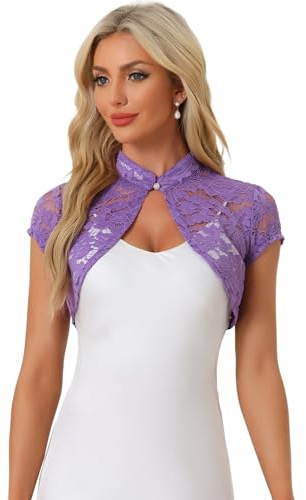 Allegra K Boléro en Dentelle Femmes à Manches Courtes Gilet Court Transparent pour Invité De Mariage Cardigan Col Montant Élégant Violet S