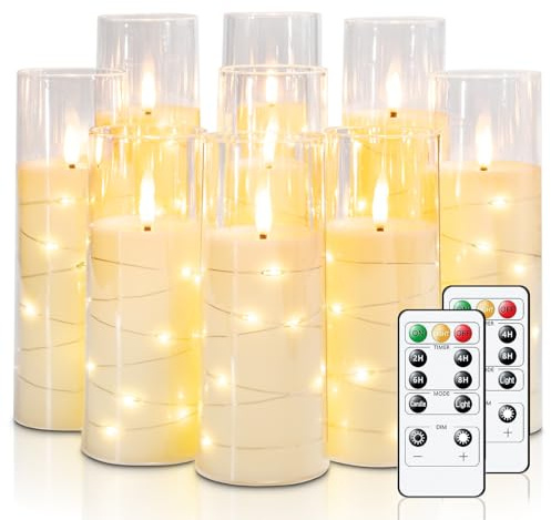 Raycare Flameless Candle with Remote Timer – 9 Flickering Acrylic Battery Operated LED Pillar Candles with Embedded Star String for Valentine's Day, Home Decor, and as a Gift (Ivory)