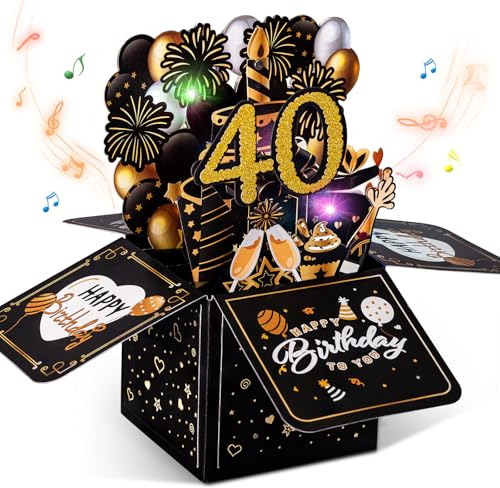 joyoldelf 40 Geburtstagskarte mit Musik - 40. Geburtstag Pop Up Karte mit Lichtern und interaktiven Kerzen, Geschenk Geburtstagskarten für Frauen und Männer, 3D Grußkarte Geburtstagsgeschenk