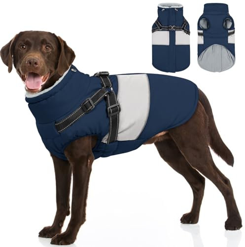 SUNFURA Hundejacke, großer Hundemantel mit integriertem Geschirr, warme Haustier-Winterjacke, Schneemantel mit Reißverschluss, Pelzkragen, wasserdichter Fleece-Schneeanzug für Französische Bulldogge