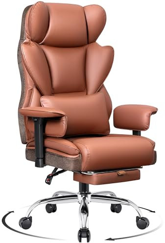 DoChair Chefsessel Breit, Ergonomisch Bürostuhl mit Fußstütze 165° verstellbare Rückenlehne Home Office Stuhl Kunstleder 150-200KG, Braun