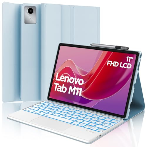 SENGBIRCH Funda con Teclado para Lenovo Tab M11 (2024) 11 (TB330FU / TB330XU) - Teclado con Touchpad Español Ñ Bluetooth Inalámbrico Extraíble para Tablet Lenovo TabM11 (2024) 11, Azul Claro