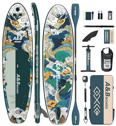 A&BBOARD 335cm x 88cm Aufblasbare Stand Up Paddle Boards mit Premium SUP Zubehör, Dual Action Pumpe, Rucksack, breites stabiles Design, Paddleboard für Jugendliche und Erwachsene Aller Könnensstufen