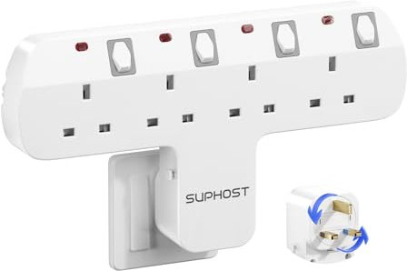 SUPHOST Plug Extension Socket, 4 Way Plug Adapter with 180 Degree Rotating UK Plug, 13A Fused Multi Plug Adaptor with 4 Independent Switches, Wall Socket Extension for Home Office Kitchen