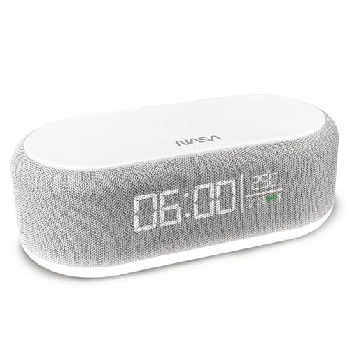 Nasa Réveil SPC400 - Radio Réveil, Enceinte Bluetooth, Haut-Parleur 5W x2, Charge sans Fil 15W, Lumière Nocturne, Batterie Lithium, Câble USB-C Inclus - Gris
