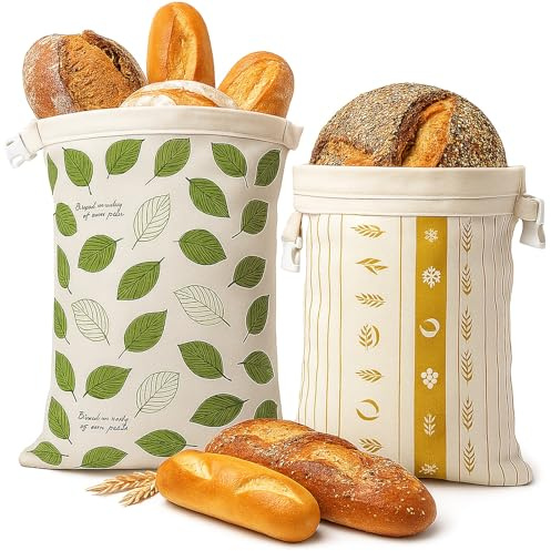 2 Pack Reusable Beeswax Bread Bags for Freezer & Refrigerator, Beeswax-Lined Cotton Bread Storage Bags with Buckle Closure, Airtight Freshness Keeper for Sourdough, Bagels & Homemade Bread