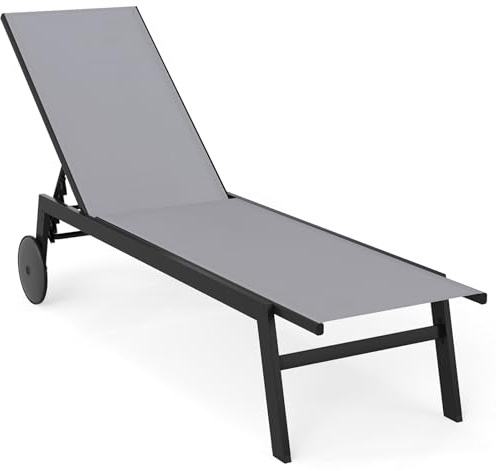 KOMFOTTEU Set di 1/2 Sedie a Sdraio da Giardino con Ruote, Lettino Prendisole Reclinabile con Schienale Regolabile in 6 Posizioni, Lettino da Spiaggia in Tessuto e Metallo, Carico 150 kg (1, Grigio)