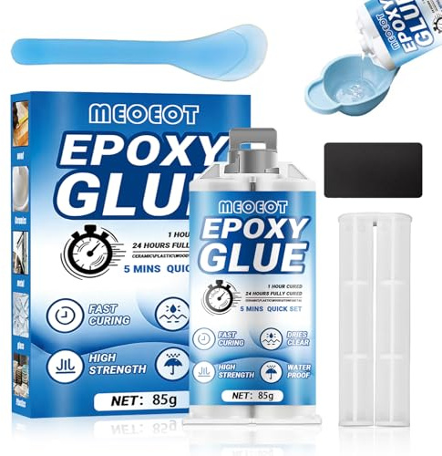 Meoeot 2K Pegamento Epoxi 85g, Adhesivo Epoxi Extra Fuerte, Secado Rápido en 5 Minutos, Transparente 2 Componentes Epoxi, Impermeable & Esistente al Calor para Plástico, Madera, Vidrio, Piedra