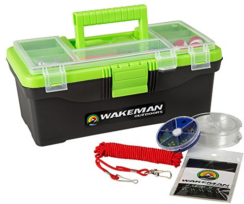 Fishing Single Tray Tackle Box- 55 Piece Tackle Gear Kit Includes Sinkers, Hooks Lures Bobbers Swivels and Fishing Line By Wakeman Outdoors Lime Green