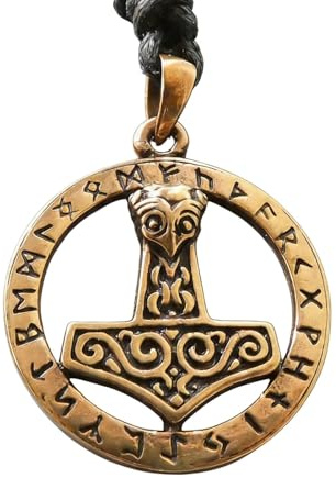 Drachensilber Thorshammer Anhänger Wikinger Halskette Schmuck Runen Ø 2,5 cm aus Bronze, inkl. Textilband Thor Kettenanhänger