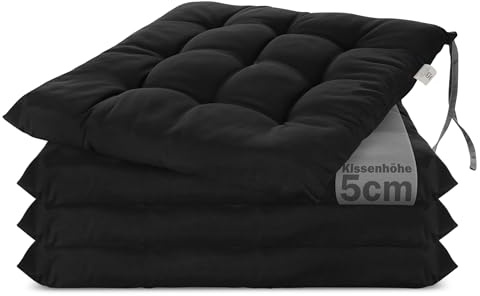 Brandsseller 4er Set Stuhlkissen 40x40 cm Sitzkissen Polster Stuhlauflage mit Haltebändern Dekokissen für Indoor Outdoor gesteppt - Schwarz
