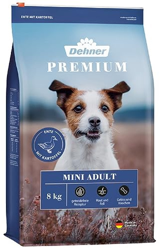 Dehner Premium hundmat, torrfoder spannmålsfritt, för vuxna hundar små raser, anka/lamm/potatis, 8 kg