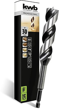 kwb 3-S Japan Schlangenbohrer ø 30 mm, 165 mm aus blankgeschliffenem CV-Stahl mit superscharfem Spitzenanschliff, Zentrierspitze und E 6.3 Schaft