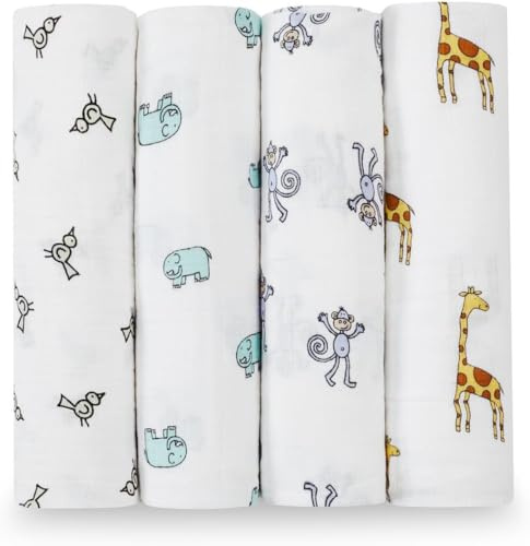 aden + anais Pucktücher, Baby-Decken aus 100% Baumwoll-Musselin für neugeborene Mädchen & Jungen, Wickeltücher-Set für Säuglinge & Kleinkinder, 120x120cm, 4er-Pack, jungle jam