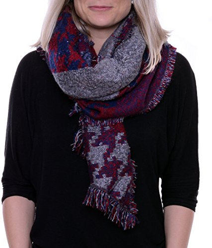 FEINZWIRN Rjukan - übergroßer XXL Schal/Tuch mit trendigem Farb-/Mustermix im Ethnostil (Black-Midgrey-floral) (dunkelgrau/weinrot)