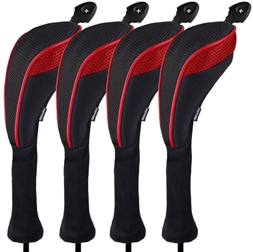 Andux 4 Pack Long Neck Golf Hybrid Club Head Covers Black/Burgundy red