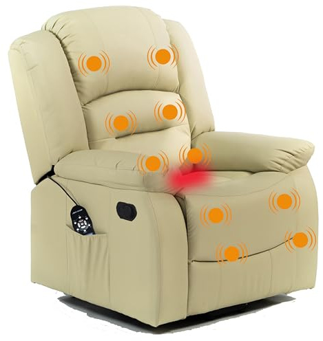 ECODE® Poltrona Relax Reclinabile Manuale Massaggiante e Riscaldante con Poggiapiedi – Offerta Poltrona-Letto Comoda Per Anziani da Interno Casa, Soggiorno, Salotto o Ufficio in Ecopelle Beige