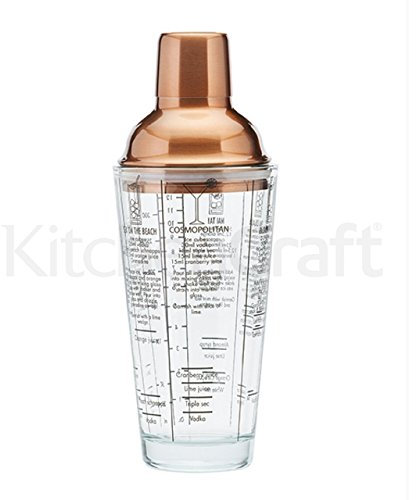 BarCraft BCLLBOSTON700 Recipe Cocktail Shaker with Measurements, Glass / Stainless Steel, Copper Finish, 650 ml