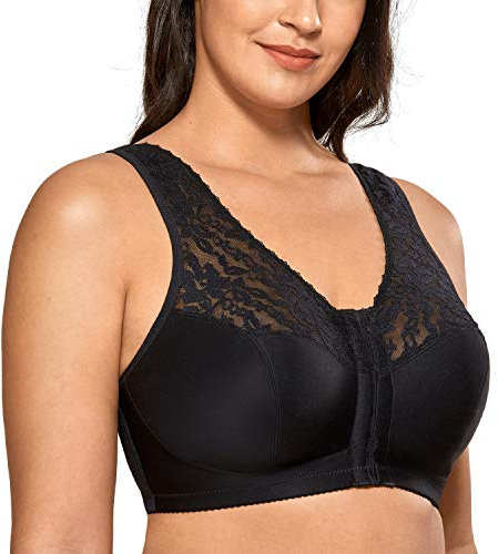 DELIMIRA Damen BH mit Vorderverschluss ohne Bügel Große Größen Spitzen BH Schwarz 95D