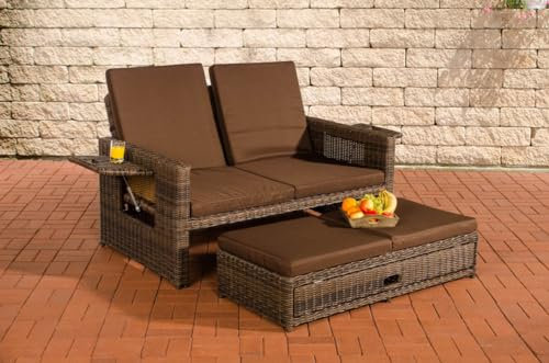 CLP Polyrattan 2er-Loungesofa Ancona 5mm I Rundrattan Garten-Sofa Mit Ausziehbarem Fußteil Und Verstellbarer Rückenlehne I, Farbe:braun-meliert, Polsterfarbe:Terrabraun